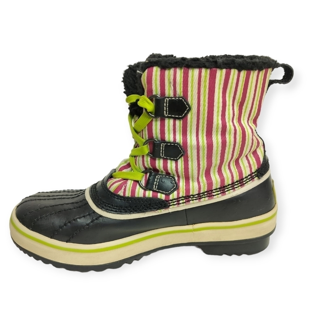 SOREL Tivoli Rubber Pink Green Striped Youth 4 Winter Duck Boots Faux Fur Trim - Picture 7 of 15